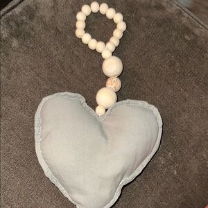 Gray Heart Pillow with Wooden Bead Hanger